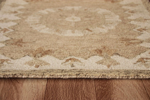 2' X 4' Tan and Beige Wool Medallion Hand Woven Half Circle Area Rug